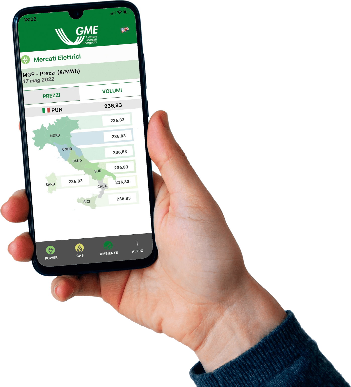 Telefono acceso in cui è visualizzata la pagina dei Mercati Elettrici di GME